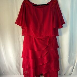 Red tiered Chiffon Evening dress with cape sleeve size 16